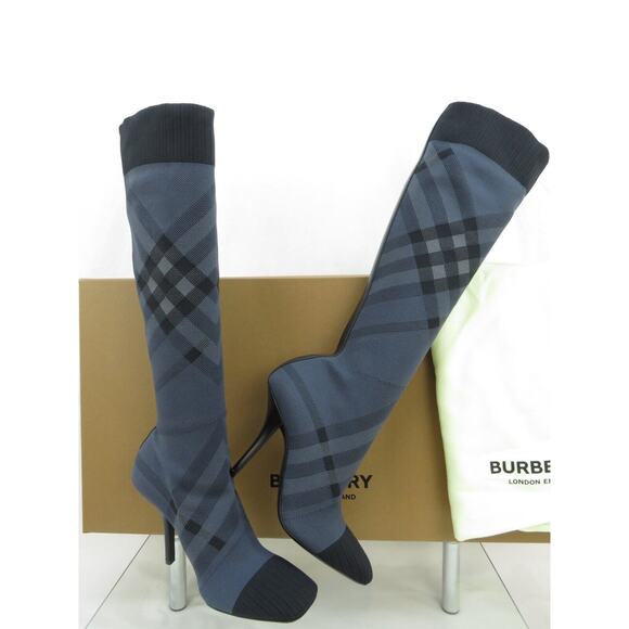 $1000 BURBERRY DOLMAN NAVY GRAY KNITTED CHECK KNEE HIGH HEEL SOCK BOOTS 37 - Picture 2 of 15